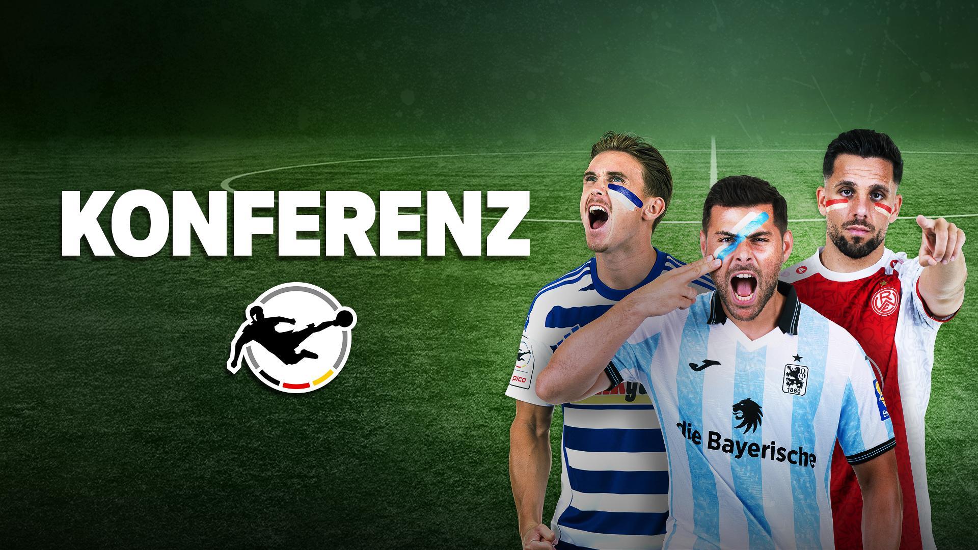 Werbegrafik 3. Liga Konferenz mit Typo, Logo und Spielertraube vor Fußball-Hintergrund